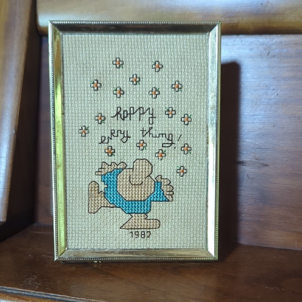 Vintage 80s Ziggy Needle Point In Gold Frame happy Every thing!
